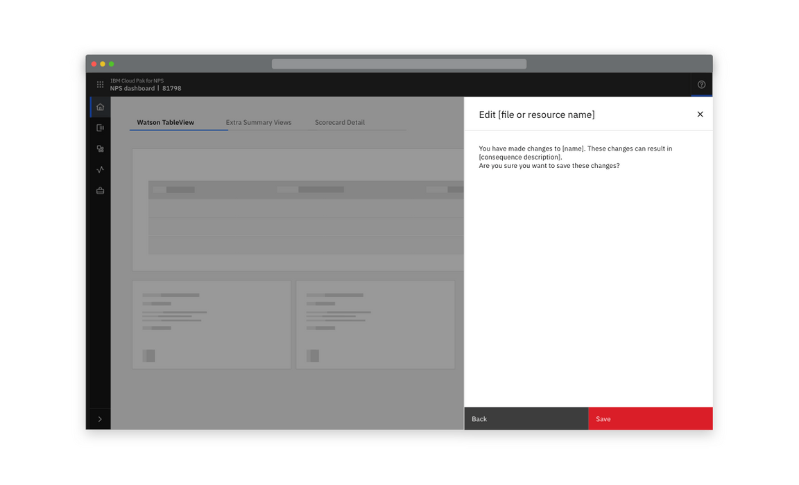 Example of a warning screen in a side panel before a user saves changes